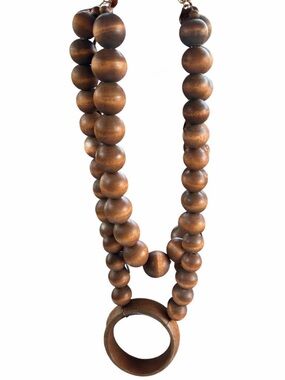 Vintage Double Layered, Chunky Wooden Bead Necklace with Wooden Ring Pendant